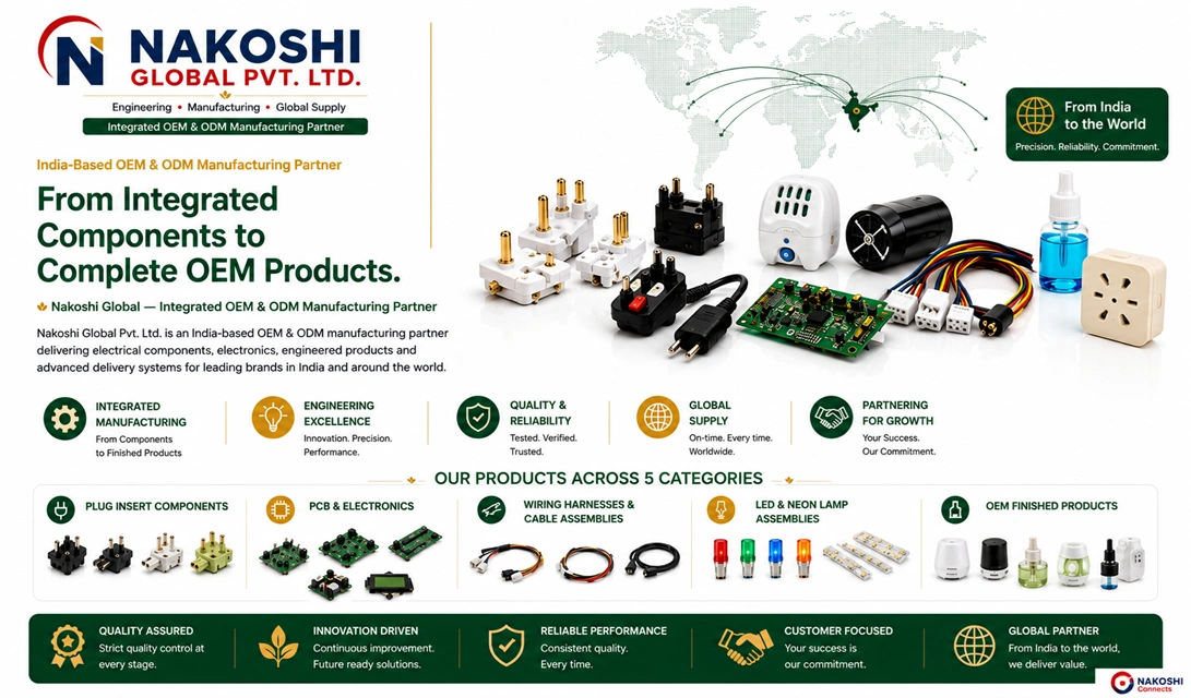 Nakoshi Global integrated OEM and ODM manufacturing in India from hollow brass pin technology and moulded plug inserts for complete OEM products
